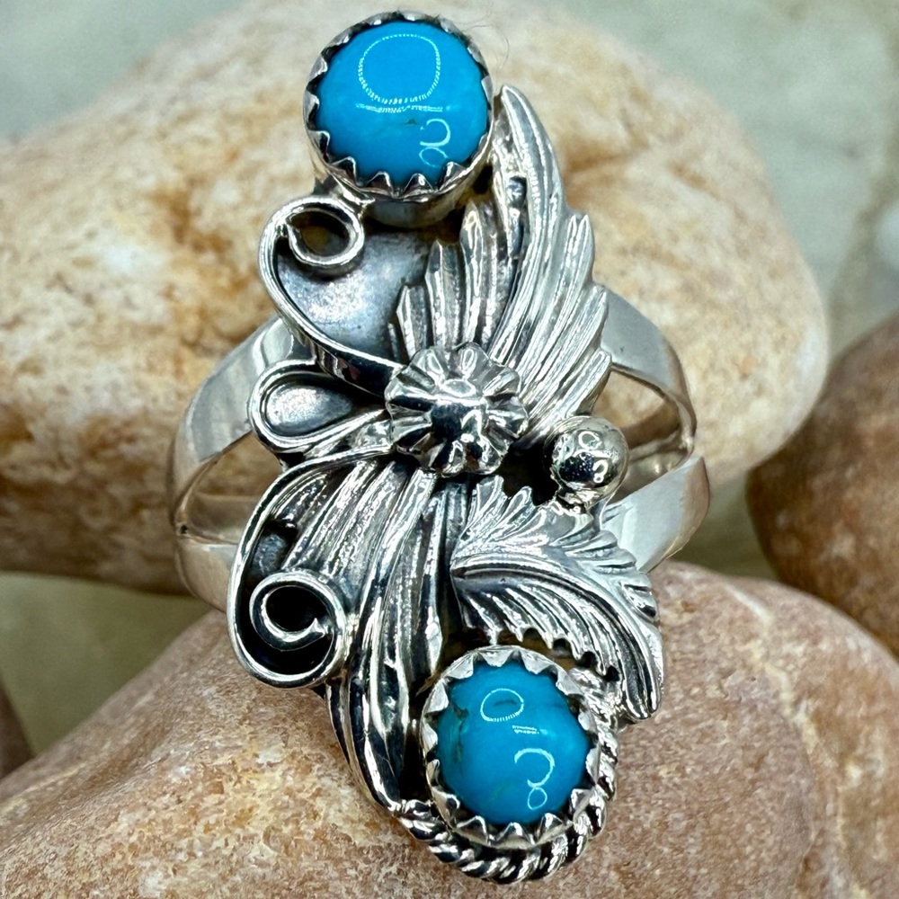 Native American Sterling Silver Double Turquoise Leaf & Flower Ring Mark Barney